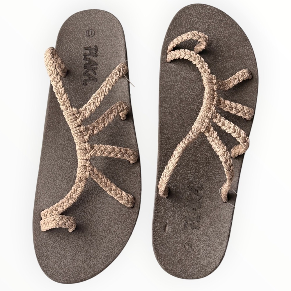 Plaka Braided Rope Sandals Brown Woven Boho Beach Brazilian Flip Flops NWT